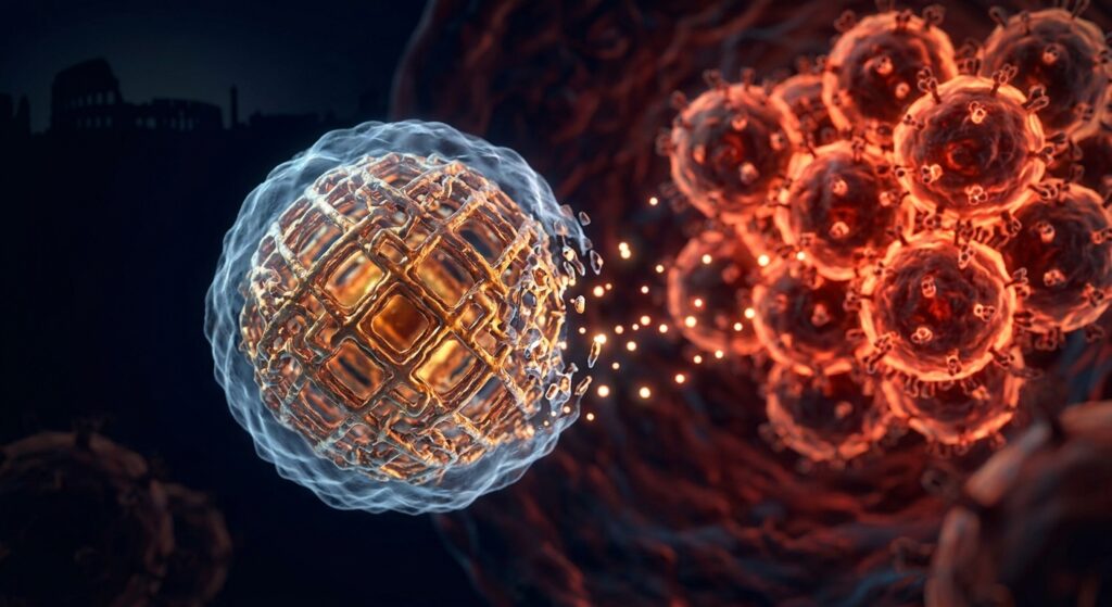 A photorealistic macro-scale scientific illustration showing a glowing, cage-like ferritin nanoparticle — a hollow spherical protein shell assembled from 24 symmetrical subunits, approximately 12 nanometers wide — floating through a dark biological environment representing the bloodstream. The nanoparticle has a warm amber and gold metallic sheen, with a faint polypeptide outer coating rendered as a translucent blue-white layer. In the background, a dense cluster of tumor cells glows with an ominous red-orange bioluminescence, their surfaces crowded with receptor proteins. As the ferritin nanoparticle drifts into the tumor microenvironment, its outer shell begins to fragment and dissolve, releasing tiny luminous chemotherapy molecules into the surrounding tissue. The overall mood is clinical and dramatic — deep navy and black background, sharp scientific lighting highlighting molecular detail, with a subtle Roman cityscape silhouette barely visible in the far distance, evoking the Italian research context. Editorial science photography aesthetic, hyper-detailed, cinematic depth of field.