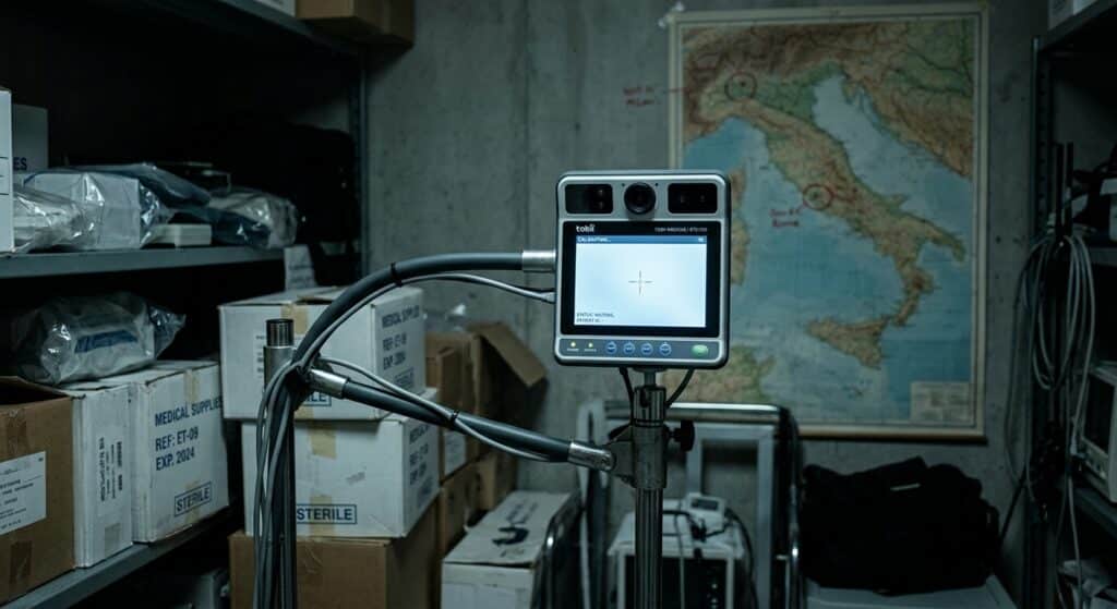 A photorealistic, somber editorial photograph of a medical eye-tracking device mounted on an adjustable arm in a dimly lit hospital storage room. The device features a small camera lens and a screen displaying a simple cursor interface with minimal control buttons. Surrounding it are sterile cardboard boxes and medical equipment in shadow. Soft, cool fluorescent light falls across the machine, highlighting its lens and screen in contrast to the darkness of the room. The atmosphere conveys stillness, waiting, and quiet urgency. In the background, slightly out of focus, a map of Italy is visible pinned to a wall, with two distant points faintly marked. The mood is contemplative and melancholic, with a clinical aesthetic blending with a sense of profound human weight.