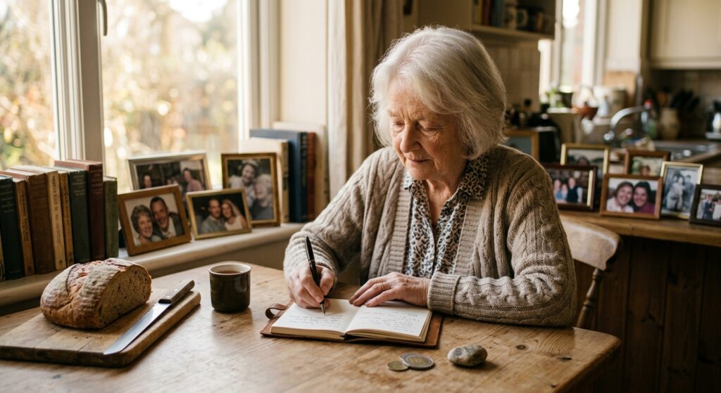 A photorealistic, warm and contemplative editorial photograph of an elderly woman with white hair, sitting at a sunlit wooden kitchen table, gently engaged in a simple cognitive exercise — perhaps arranging small objects or writing in a notebook. Soft morning light filters through a window casting gentle shadows. On the table, a worn bread loaf and an old Italian coin subtly suggest memory and the passage of time. The atmosphere is tender and hopeful, not clinical. In the background, blurred bookshelves and family photographs evoke a life fully lived. The mood balances melancholy and quiet optimism, suggesting resilience of the aging mind. Shallow depth of field, warm golden tones, photojournalistic style.