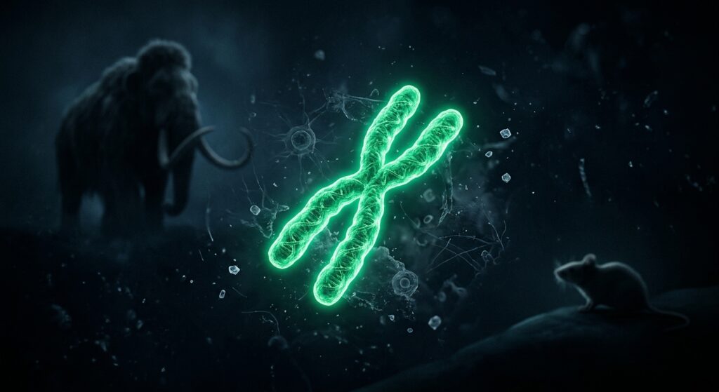 A single glowing green chromosome floating in a dark void, surrounded by faint microscopic cellular structures and ice crystal formations. The chromosome emits a soft bioluminescent green light, symbolizing a functional genetic fragment recovered from a frozen state. In the background, blurred silhouettes of a woolly mammoth and a small laboratory mouse face each other at opposite ends of the composition, representing the vast scale difference between science fiction and scientific reality. The overall aesthetic is cinematic and scientific, with deep blue and black tones contrasted by the vivid green glow of the chromosome, evoking themes of cryogenic preservation, genetic research, and the boundary between extinction and resurrection. Photorealistic digital art style with a dramatic, editorial atmosphere.