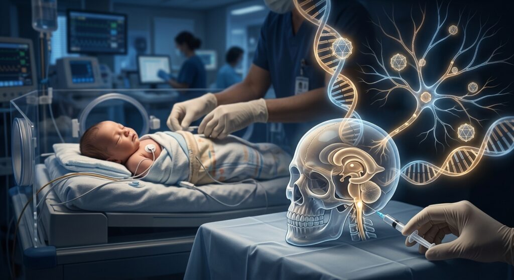 A six-week-old infant lying on a clinical surface in a softly lit neonatal intensive care setting, rendered in a cinematic, editorial medical illustration style. In the foreground, a gloved hand holds a precision syringe near the base of a transparent anatomical model of a human skull, showing the cisterna magna cavity at the skull's base filled with luminous cerebrospinal fluid. Surrounding the skull model, delicate glowing strands of DNA spiral upward, with one strand visibly carrying a small luminous capsule representing an AAV9 viral vector. The viral vector is illustrated as a geometric, softly glowing sphere with a faint golden hue, navigating through stylized neural pathways that branch outward like a luminous tree into surrounding darkness. The background suggests a research laboratory blended with a hospital environment — sterile white surfaces, blue-toned ambient light, faint reflections. The overall mood is one of fragile hope and scientific precision: intimate, serious, and quietly extraordinary. Photorealistic medical illustration style with subtle cinematic lighting, deep blues and warm golds, shallow depth of field.