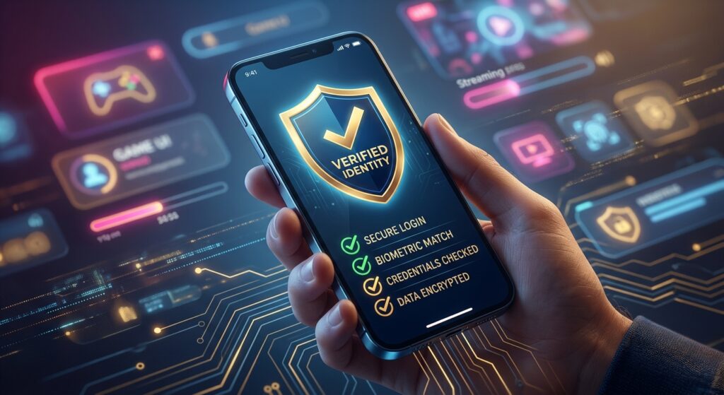 A sleek, modern digital security concept illustration showing a glowing smartphone displaying a verified digital identity interface with a shield icon and authentication checkmarks, set against a subtle backdrop of abstract data streams and circuit patterns in deep blue and gold tones. In the background, soft-focus imagery suggests an online entertainment environment with neon-lit interface elements. The overall composition conveys trust, digital innovation, and identity verification, with a clean editorial aesthetic combining Italian digital infrastructure themes and cybersecurity symbolism. Photorealistic digital art style with a professional, authoritative feel.