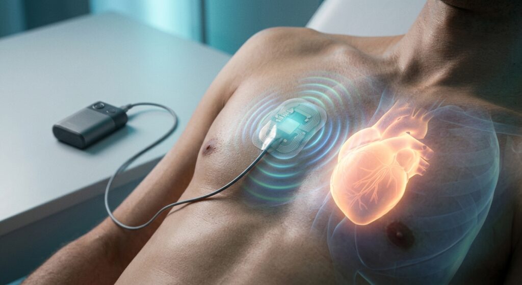A small, stamp-sized medical patch adhered to a human chest, glowing with soft ultrasonic wave patterns emanating from it toward a stylized heart visible beneath translucent skin layers. The scene is set against a clean, clinical yet futuristic background with subtle blue and teal tones. The patch is thin and flexible, connected by a thin wire to a compact portable battery device resting nearby. Ultrasound wave rings radiate gently from the patch inward, visualized as concentric arcs of light. The heart pulses with a steady rhythmic glow in response to the waves. The overall aesthetic is high-tech medical illustration meets editorial photography, with a cool blue-white color palette, soft dramatic lighting, and a sense of innovation and minimalism. No text, no logos, photorealistic with a slightly cinematic quality.