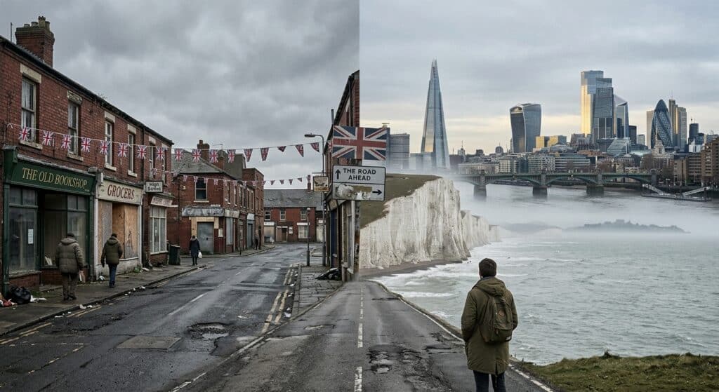 A split editorial-style illustration showing the United Kingdom standing at a crossroads, rendered in a photorealistic documentary style. On one side, a crumbling industrial northern English town under grey skies with closed storefronts and faded Union Jack bunting. On the other side, a gleaming but distant London financial skyline with modern glass towers reflecting cold light. In the center foreground, the iconic white cliffs of Dover overlook a grey English Channel, with the faint silhouette of the European continent barely visible on the horizon through fog. The mood is contemplative and ambivalent — neither triumphant nor defeated. Muted tones of grey, pale gold, and faded red dominate the palette. A worn road stretches ahead but does not clearly lead back toward the continent. The overall atmosphere conveys a nation paused at a junction, looking forward with uncertainty rather than backward with longing.