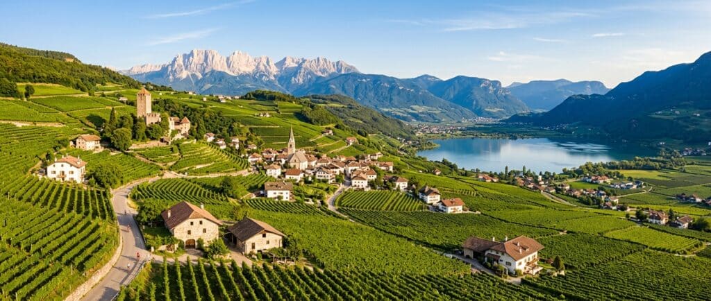 A sun-drenched panoramic landscape of the South Tyrol wine route in northern Italy during summer, showing gently rolling hills covered in lush green vineyards stretching into the distance, with a charming Alpine village nestled among the vines, traditional stone farmhouses and a medieval castle tower visible on a hillside, a calm blue lake shimmering in the valley below, and the distant pale rocky peaks of the Dolomites on the horizon. Warm golden afternoon light bathes the scene, creating a rich interplay of greens, blues, and amber tones. The atmosphere is peaceful and inviting, blending Mediterranean warmth with Alpine elegance. Photorealistic editorial travel photography style, wide-angle composition, vibrant but natural colors.