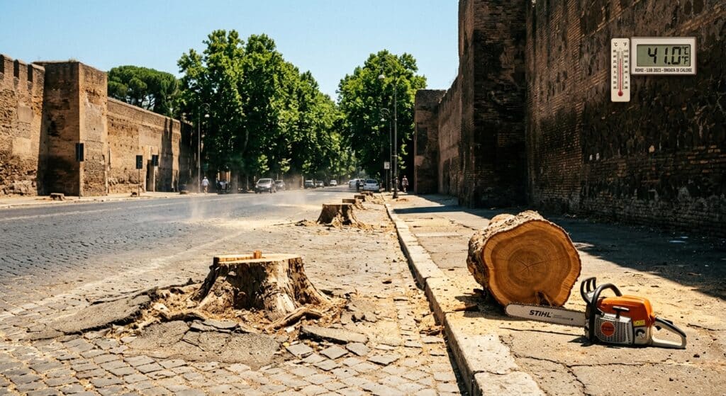 A sun-scorched urban street in Rome during an extreme heatwave, where ancient plane tree stumps line a historic boulevard inside the Aurelian Walls, their roots still cracking the asphalt. The midday sun beats down mercilessly on the exposed pavement, heat shimmer rising visibly from the dark tarmac surface. A lone chainsaw rests abandoned on the sidewalk beside a freshly cut trunk cross-section revealing decades of growth rings. In the far background, lush canopied trees still stand, casting deep green shade, creating a stark visual contrast with the barren, bleached stretch of street in the foreground. The atmosphere is oppressive and dry, golden light harsh and unforgiving. A digital thermometer mounted on a nearby wall displays 41 degrees. Editorial photography style, high contrast, realistic, cinematic wide-angle composition.
