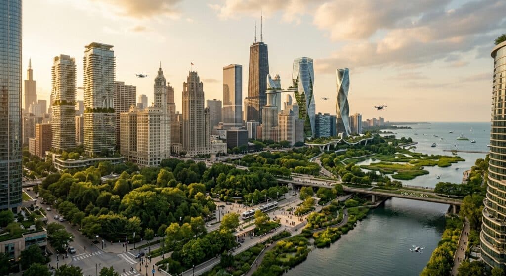 A sweeping futuristic cityscape of Chicago reimagined in 2126, rendered in a warm, cinematic architectural visualization style. The lakefront features a fluid, adaptive waterfront with elevated residential towers rising above ground level along the river, their bases surrounded by lush urban forests, wetlands, and continuous green corridors. Former asphalt alleyways have been transformed into verdant bioswales with dense vegetation absorbing rainfall. The skyline blends historic early-20th-century architecture with soaring new towers. Small electric low-altitude aerial vehicles move between decentralized transit hubs. Wide, tree-lined pedestrian walkways and generous public plazas dominate the street level. The atmosphere is warm and slightly humid, bathed in golden late-afternoon light, with a slightly elevated lake visible in the background. The overall mood is ambitious, contemplative, and visionary — evoking the tension between bold urban idealism and the slow, complicated reality of building cities.