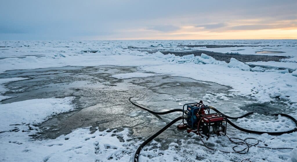 A vast Arctic seascape at twilight, showing thick sea ice stretching to the horizon under a pale blue-grey sky. In the foreground, a small industrial pump apparatus sits on the ice surface, with water visibly flooding and refreezing across a wide expanse of snow-covered ice, creating glistening layered sheets. In the distance, patches of dark open water contrast sharply with white ice floes. The scene conveys both human technological intervention and the fragility of the polar environment — cold, remote, and immense. Photorealistic documentary style, dramatic natural Arctic lighting, muted blues and whites with hints of pale gold on the horizon.