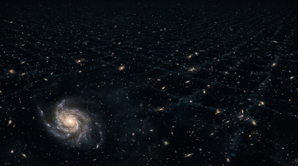A vast, dark cosmic panorama showing an infinite grid of galaxies spreading across the observable universe, rendered in deep space blues and blacks with faint galactic clusters glowing like distant embers. In the foreground, a single spiral galaxy burns with quiet light, surrounded by immense, silent void. The scale feels overwhelming and lonely — no signs of life, no signals, no beacons. The visual mood is one of profound cosmic solitude, as if the universe itself is listening and hearing nothing back. The style is photorealistic digital art with a cinematic, contemplative tone, evoking both scientific rigor and existential wonder. Ultra-wide field of view, high detail, deep field telescope aesthetic.
