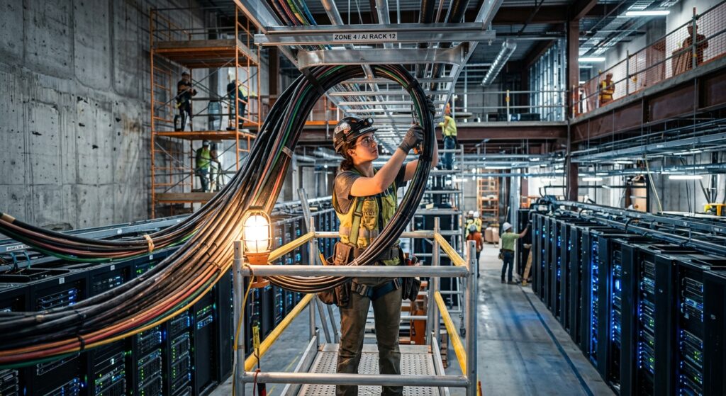 A young electrician in work gear and hard hat installs thick cable bundles inside a massive, futuristic data center under construction, surrounded by towering server racks, exposed concrete walls, scaffolding, and industrial lighting. The scene blends the raw physicality of skilled trade work with the sleek, high-tech environment of an AI infrastructure facility. Warm tungsten work lights contrast with cool blue LED server glow. The atmosphere is dramatic and cinematic, emphasizing the unexpected but essential role of hands-on craftsmanship in the digital economy. Editorial photography style, wide-angle perspective, high detail, realistic lighting.
