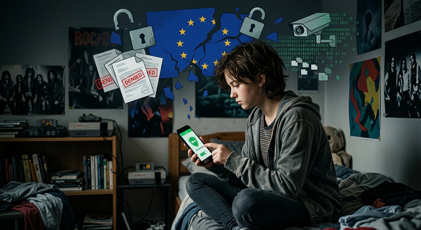 A young teenager sitting in a dimly lit bedroom, casually tapping on a smartphone screen with a glowing VPN app visible, while in the background a fragmented digital landscape shows a cracked European Union emblem, broken padlocks, scattered legal documents, and a faint surveillance camera icon dissolving into binary code. The atmosphere is tense and dystopian, rendered in a moody editorial illustration style with dark blues, muted greens, and sharp red accents, symbolizing the failure of digital age verification systems, the clash between privacy and regulation, and the ease with which digital barriers are bypassed.