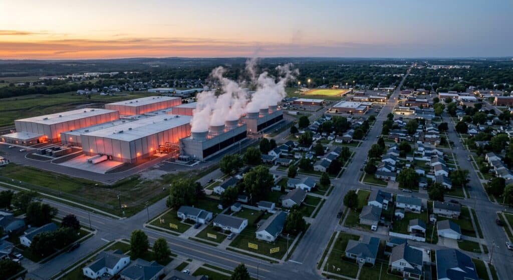 An aerial view of a small American city at dusk, with a large industrial data center complex visible on the outskirts — its massive metallic buildings glowing with heat and interior lights, surrounded by cooling towers emitting steam. The surrounding suburban neighborhood features modest homes, green yards, and tree-lined streets in stark contrast to the imposing gray infrastructure. Protest signs are visible in front yards near the facility. The sky above the data center shimmers with a subtle heat haze, and a faint orange-red thermal glow radiates from the ground around the complex, fading into the cooler blue tones of the residential streets beyond. The scene is shot from a high angle, photorealistic, editorial photography style, cinematic lighting, golden hour, high detail.
