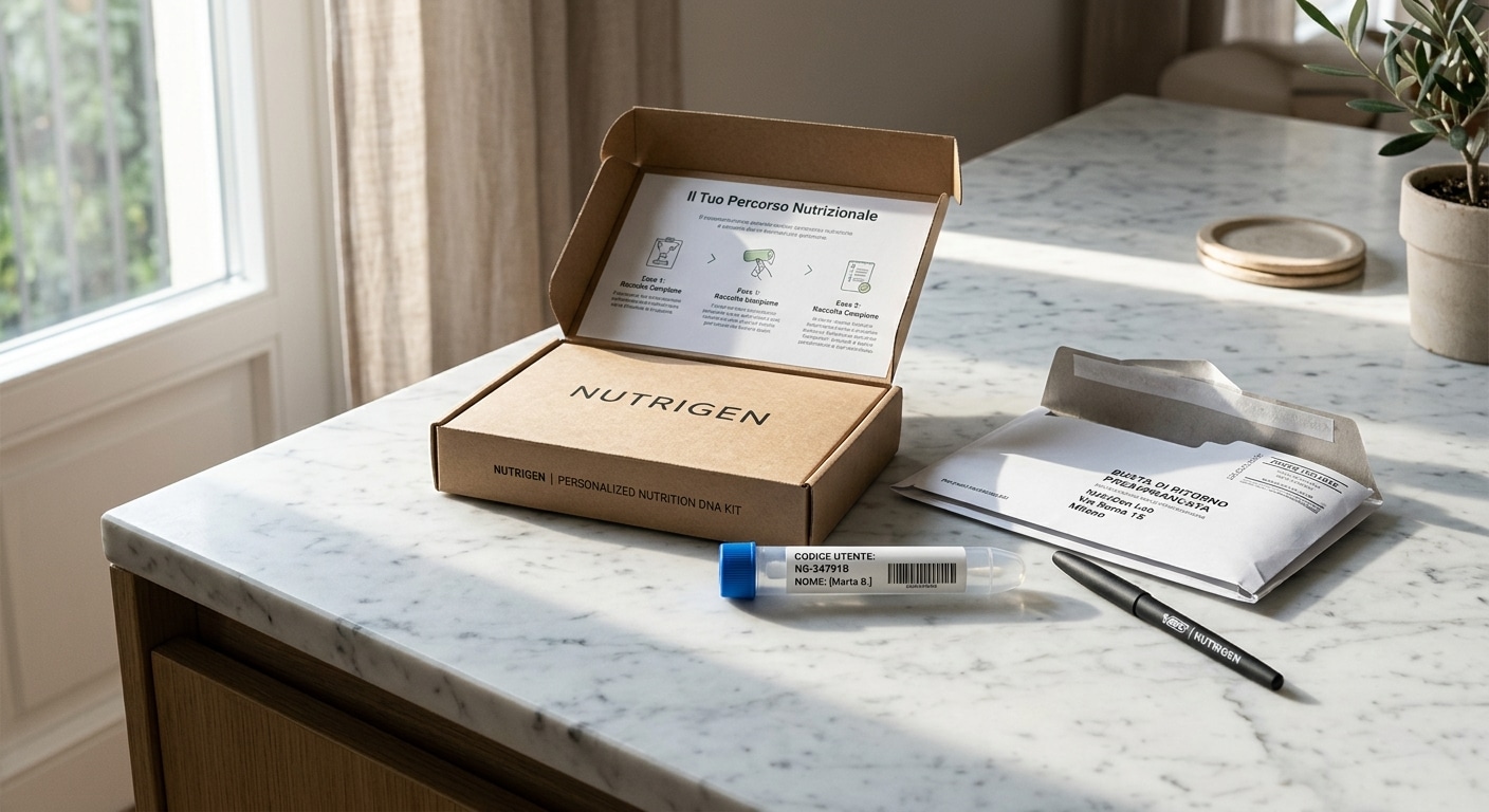Primo piano di un kit di test genetico per nutrizione personalizzata appoggiato