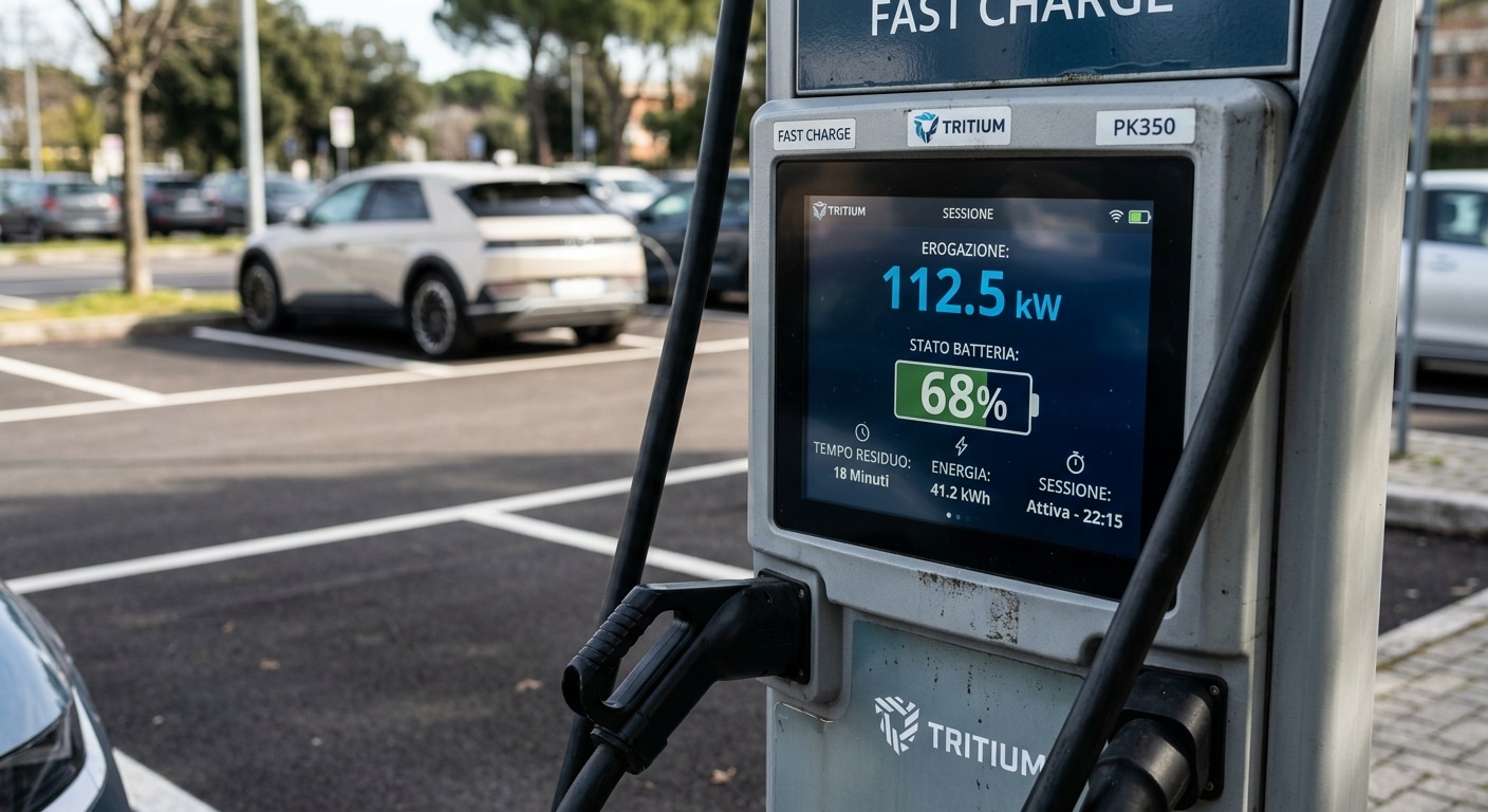 Auto elettriche Primo piano laterale del display di una colonnina di ricarica veloce in