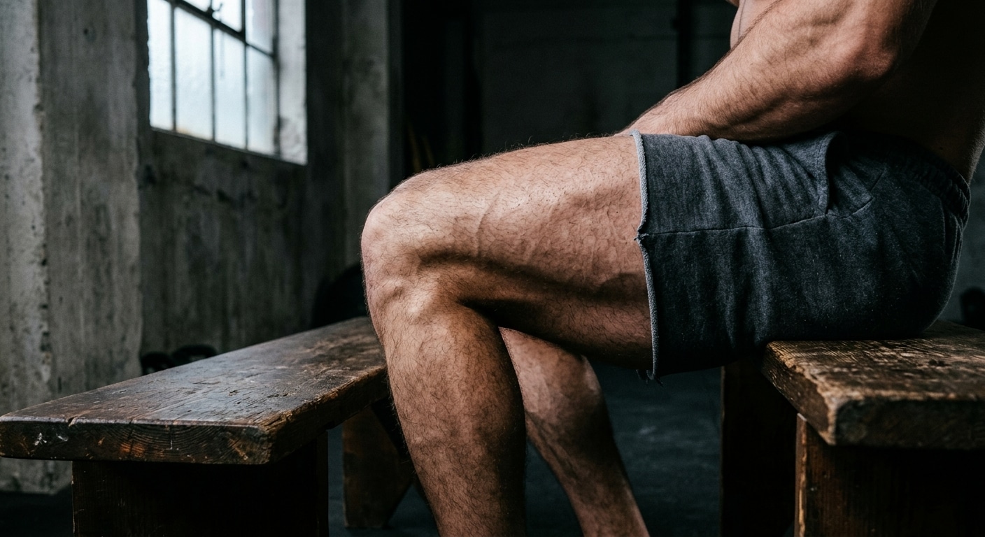 Pillola dimagrante Un primo piano laterale di una gamba maschile robusta, in pantaloncini, su una