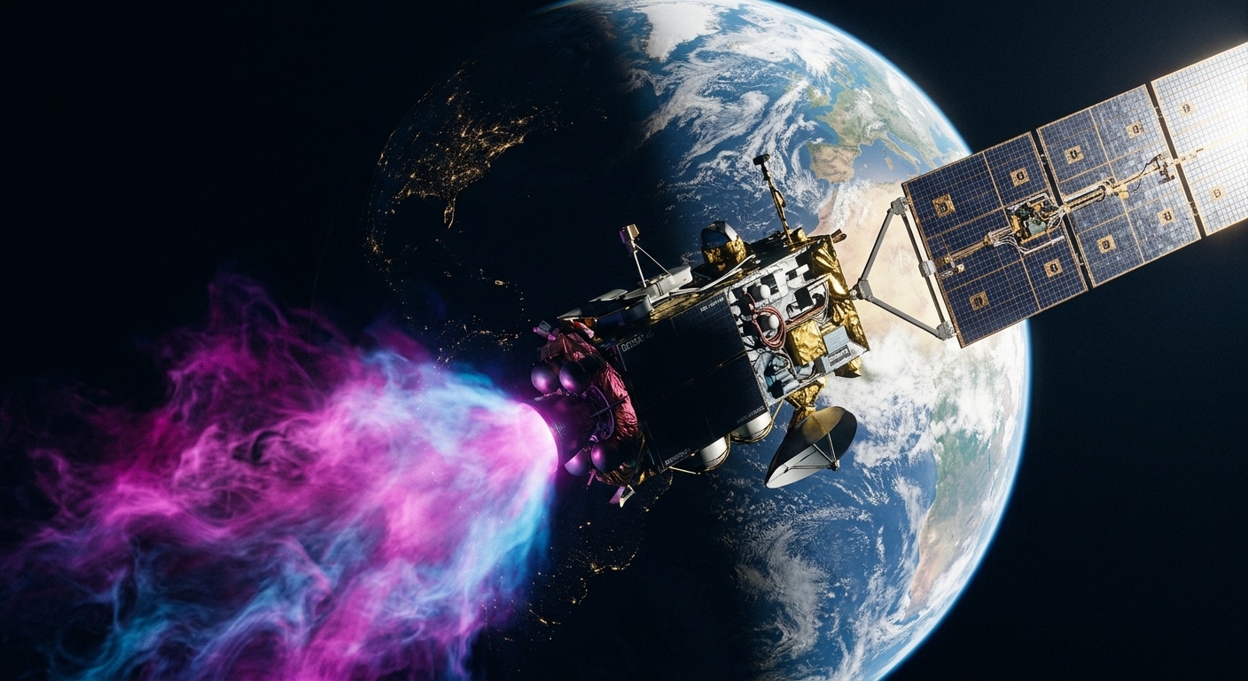 Un satellite in orbita geosincrona visto di tre quarti, in primo piano scudo al plasma
