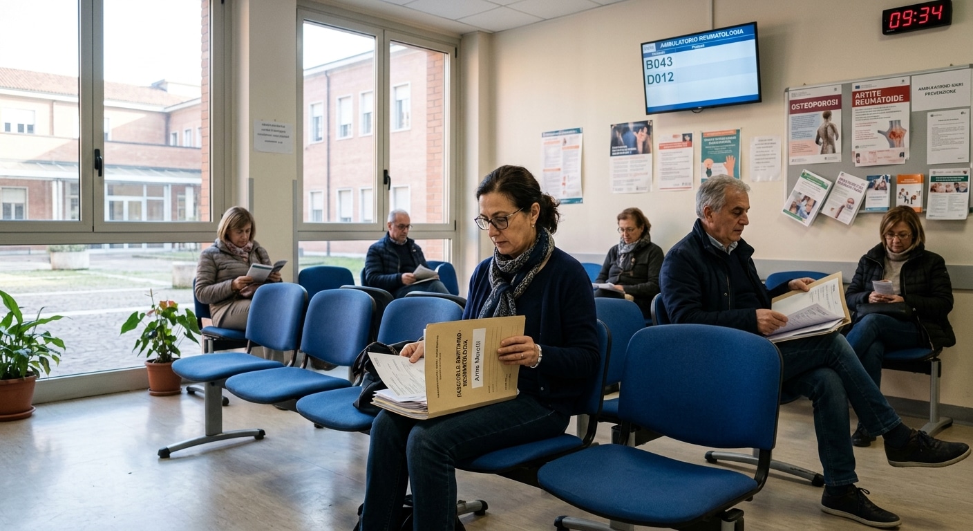 Artrite Una sala d'attesa di reumatologia in un ospedale italiano. Sedie blu, qualche