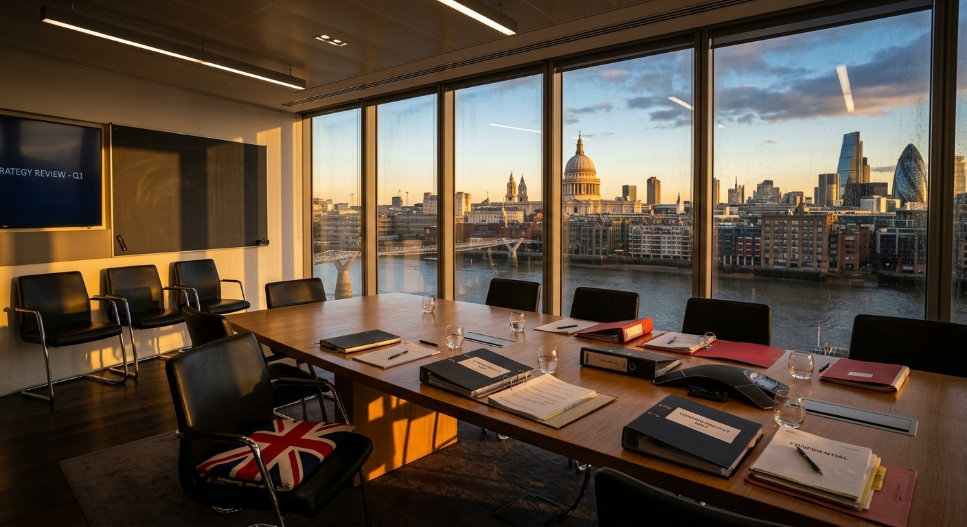 Brexit. Una sala riunioni vuota al piano alto di un edificio della City di Londra,
