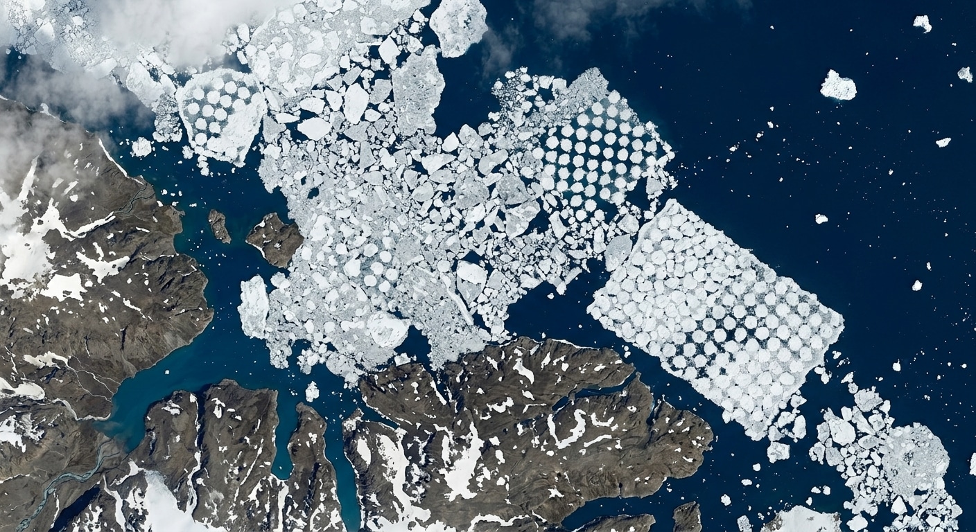 Ghiaccio artico Vista satellitare di una zona costiera artica a giugno, con macchie bianche di
