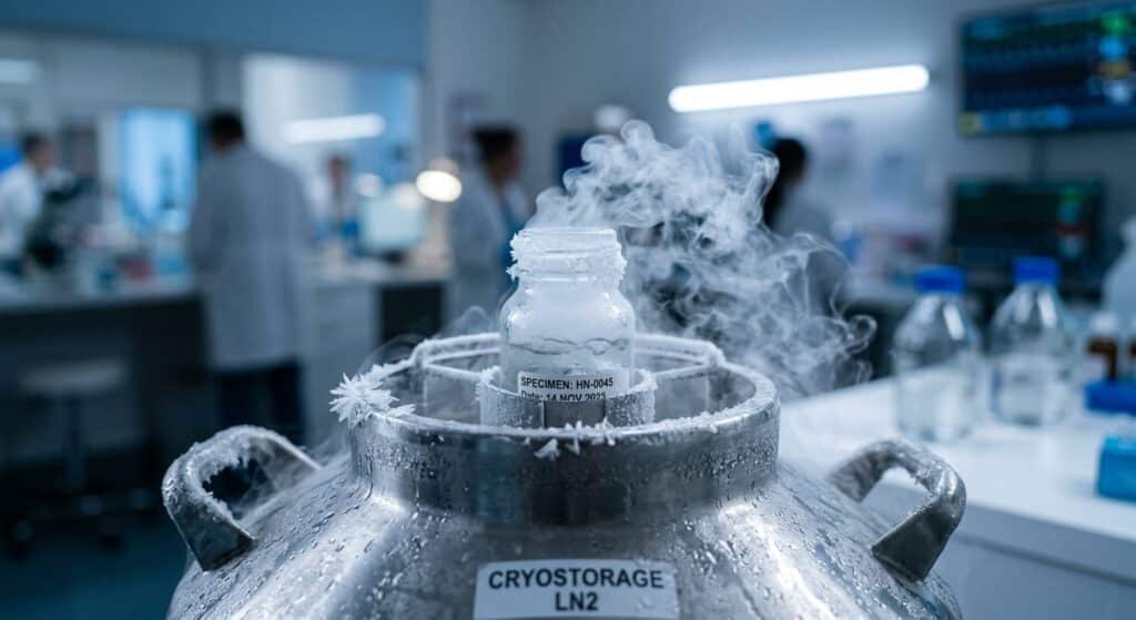 testicolo infertilità A close-up, cinematic editorial photograph of a small vial of liquid nitrogen vapor in a medical cryogenic storage container, with frost forming on the metallic surface, set against a softly blurred hospital laboratory background with blue and white tones. In the foreground, delicate crystalline ice structures catch the light, evoking the preservation of something fragile and precious. The atmosphere is quiet, scientific, and hopeful — a meditation on time, medicine, and the possibility of future life. Moody clinical lighting, shallow depth of field, photorealistic style.