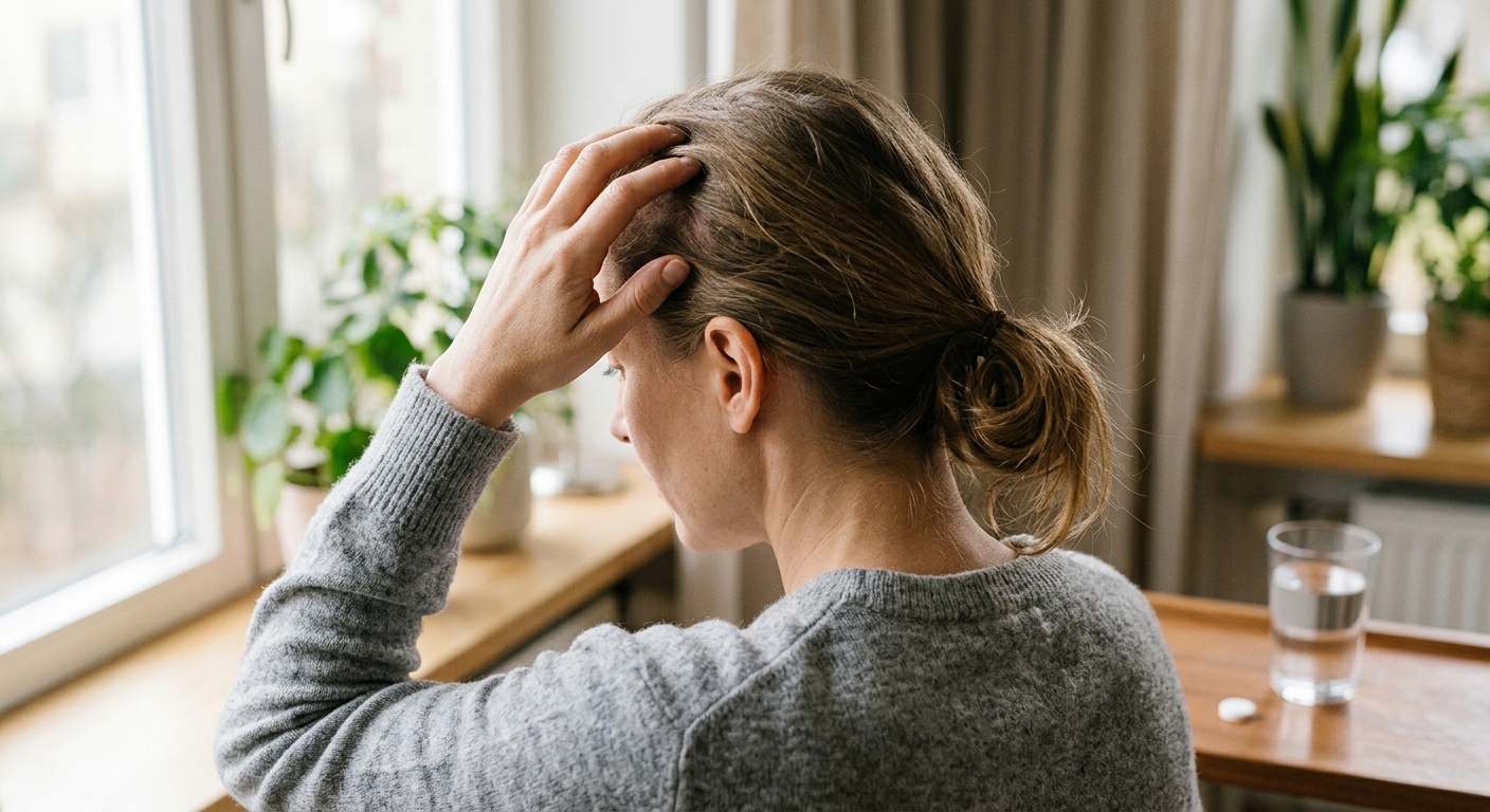 A close-up editorial photograph of a person's hand gently touching their scalp through their hair, seen from behind at shoulder level, in soft natural window light. The subject appears contemplative, dressed in a simple neutral-toned shirt. On a nearby surface, a single small white pill rests beside a glass of water, subtly in focus in the background. The overall mood is calm and hopeful yet realistic, with muted tones of beige, grey, and soft warm light. The skin texture on the scalp is subtly visible, conveying the lived experience of a skin condition without being clinical or graphic. Photorealistic, editorial style, shallow depth of field.