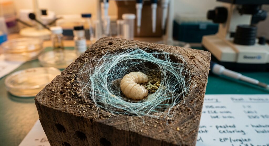 A close-up macro photograph of a solitary bee larva inside a small natural cocoon cell, surrounded by delicate translucent silk threads catching soft diffused light. The silk fibers appear iridescent and finely woven, with a subtle blue-green tint reminiscent of the orchard mason bee. In the background, a blurred laboratory setting with petri dishes and scientific equipment hints at biomaterial research. The overall mood is scientific yet wondrous, editorial style, with warm amber and cool teal tones contrasting against a dark natural background, photorealistic, high detail, shallow depth of field.