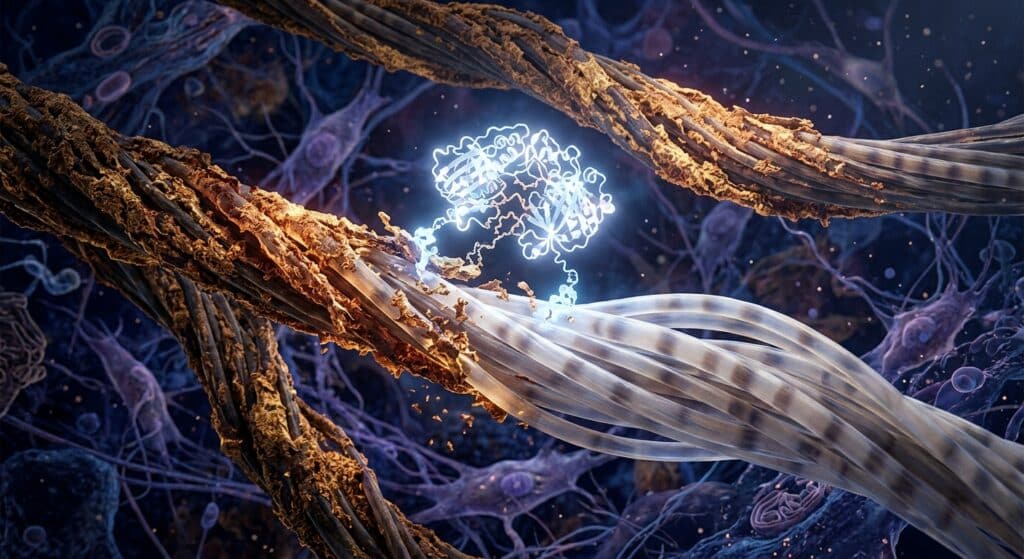 A close-up, photorealistic editorial illustration showing a cross-section of human connective tissue at the microscopic scale, rendered with soft scientific elegance. Protein fibers resembling flexible cables are partially encrusted with rust-like golden-brown deposits, symbolizing molecular glycation damage accumulated over decades. In the center of the composition, a luminous engineered enzyme — depicted as an intricate, glowing molecular structure — actively scrapes away the encrustation, revealing clean, flexible protein fibers beneath. The visual contrast between the damaged, stiffened sections and the restored, translucent healthy tissue is striking. The color palette blends deep navy blues and purples for the biological background with warm amber and rust tones for the glycation deposits, and cool white-blue light emanating from the enzyme. The style evokes high-end scientific visualization with a sense of quiet wonder and biological renewal, shot as if through an electron microscope with cinematic depth of field.