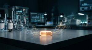 A close-up photorealistic editorial image of a single glowing pill capsule resting on a clean laboratory surface, surrounded by faint double-helix DNA strand visualizations dissolving into light. The background is a deep navy blue fading to dark teal, with soft bokeh suggesting a medical research environment. The overall mood is cautiously hopeful — scientific and precise, yet human. The lighting is dramatic but clean, with a warm amber glow emanating from the capsule contrasted against cool clinical tones. The composition evokes breakthrough science, molecular biology, and the weight of chronic illness finding a turning point.