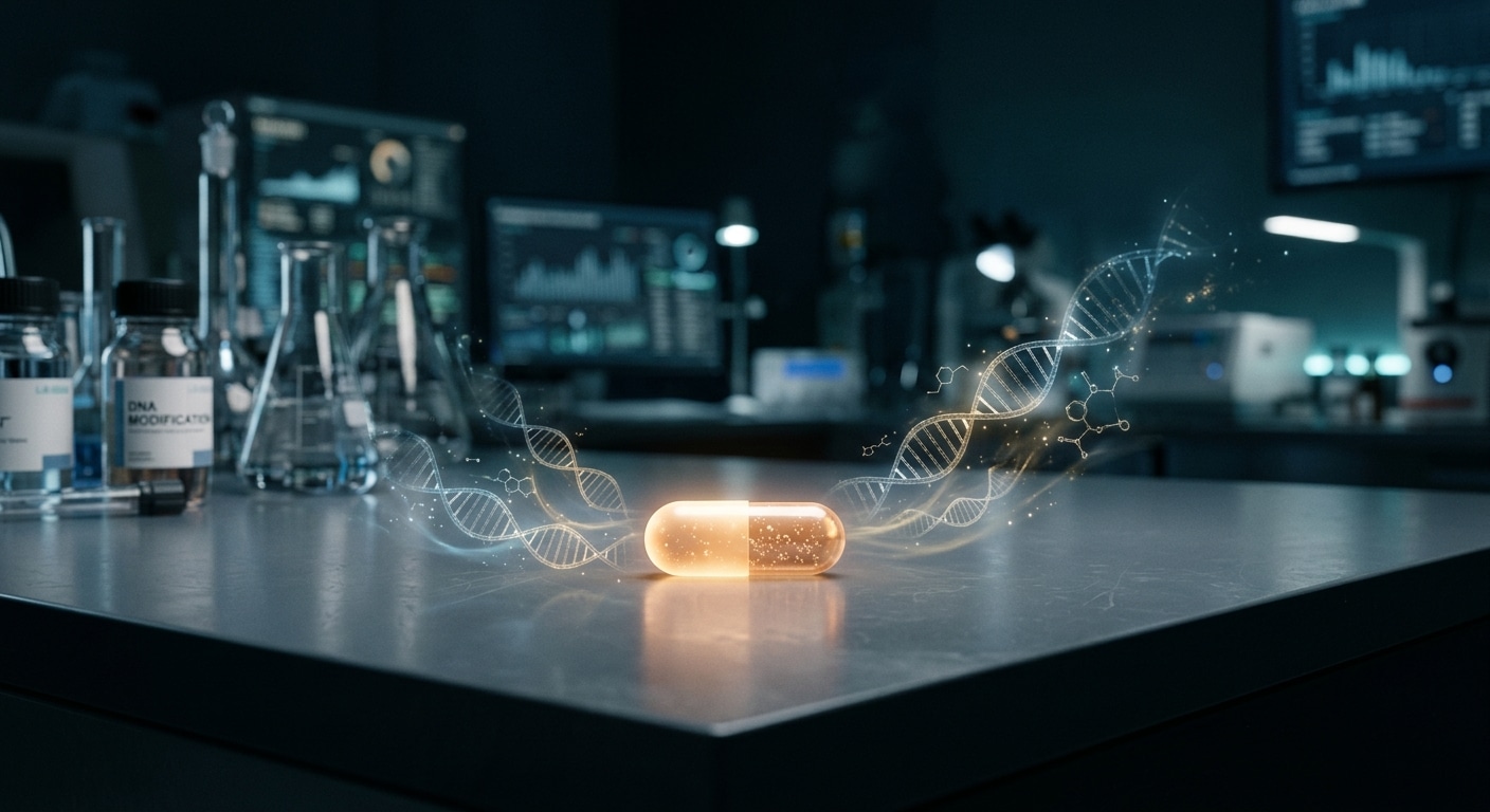 A close-up photorealistic editorial image of a single glowing pill capsule resting on a clean laboratory surface, surrounded by faint double-helix DNA strand visualizations dissolving into light. The background is a deep navy blue fading to dark teal, with soft bokeh suggesting a medical research environment. The overall mood is cautiously hopeful — scientific and precise, yet human. The lighting is dramatic but clean, with a warm amber glow emanating from the capsule contrasted against cool clinical tones. The composition evokes breakthrough science, molecular biology, and the weight of chronic illness finding a turning point.