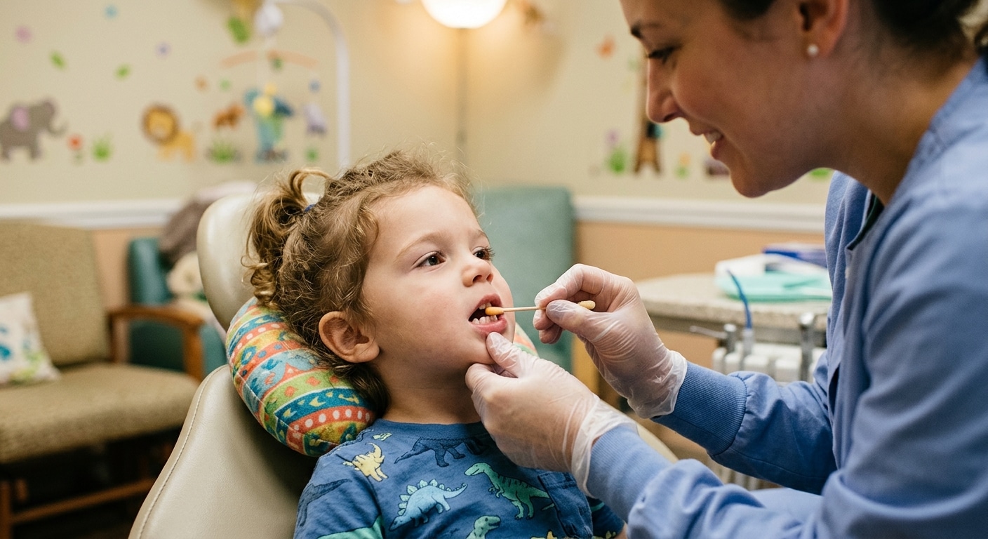 A close-up, photorealistic editorial-style image of a small child, approximately three years old, sitting calmly in a pediatric dental chair under warm clinical lighting. A gloved dentist gently applies a tiny sponge-tipped applicator — no larger than a matchstick — to one of the child's small milk teeth. The child appears relaxed, no signs of distress, no drill or syringe visible anywhere in the scene. The setting is a bright, child-friendly dental clinic with soft colors. The focus is on the delicate, almost effortless simplicity of the treatment — a single brushstroke, a moment of care. The mood is hopeful and reassuring, conveying the idea that something very small can make a very big difference.