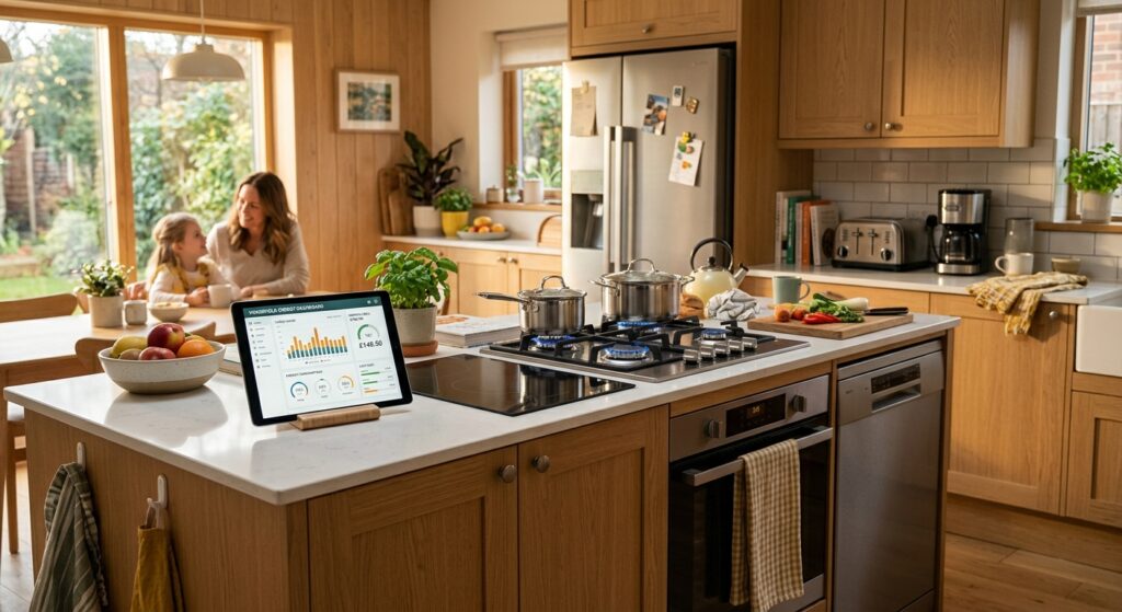 A cozy modern kitchen interior with warm lighting, featuring a visible electric stove, gas burner, and household appliances. On the countertop, a tablet displays energy consumption graphs and billing charts. The scene conveys domestic comfort and financial planning, with a family-oriented atmosphere. Soft natural light filters through a window, casting a warm glow over the space. The overall mood is calm, organized, and reassuring, symbolizing stability and smart household energy management. Photorealistic editorial style with clean composition and a warm color palette of whites, beiges, and soft yellows.