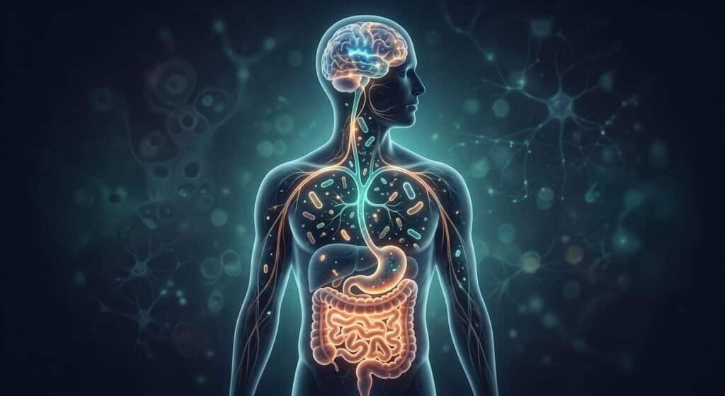 A detailed scientific illustration showing the gut-brain axis as a luminous biological highway, rendered in a clean editorial style with deep navy and teal tones. The image depicts a transparent human torso silhouette where the intestines glow with warm amber light, connected by a visible nerve pathway — the vagus nerve — rising up through the chest to a softly illuminated brain. Microscopic bacterial forms float gently along the pathway, represented as small glowing capsule-shaped organisms. The overall composition balances clinical precision with a sense of wonder, evoking ongoing scientific discovery rather than certainty. The aesthetic is modern medical illustration meets editorial photography — crisp, thoughtful, neither alarmist nor overly optimistic. Soft gradient background in dark blue-grey, no text, no labels, photorealistic lighting with a slight bioluminescent quality.