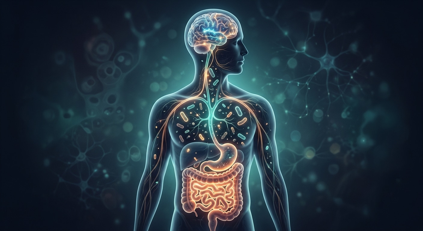 A detailed scientific illustration showing the gut-brain axis as a luminous biological highway, rendered in a clean editorial style with deep navy and teal tones. The image depicts a transparent human torso silhouette where the intestines glow with warm amber light, connected by a visible nerve pathway — the vagus nerve — rising up through the chest to a softly illuminated brain. Microscopic bacterial forms float gently along the pathway, represented as small glowing capsule-shaped organisms. The overall composition balances clinical precision with a sense of wonder, evoking ongoing scientific discovery rather than certainty. The aesthetic is modern medical illustration meets editorial photography — crisp, thoughtful, neither alarmist nor overly optimistic. Soft gradient background in dark blue-grey, no text, no labels, photorealistic lighting with a slight bioluminescent quality.