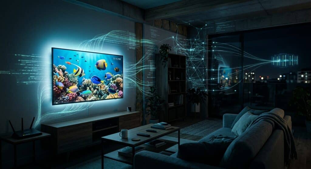 A dimly lit modern living room at night, a large smart television glowing on the wall displaying a serene tropical fish screensaver with colorful fish swimming in loops. Beneath the surface of the calm domestic scene, semi-transparent ghostly data streams and network traffic visualized as faint blue and green flowing lines radiate outward from the TV through the walls of the house, branching into an invisible web connecting to distant anonymous servers. The atmosphere is unsettling yet ordinary — a couch, a coffee table, a router blinking quietly nearby. The visual style is cinematic editorial photography with a cool blue and teal color palette, moody shadows, and a subtle sense of surveillance hidden in plain sight. Photorealistic, high detail, dramatic lighting contrast between the warm glow of the screen and the dark surrounding room.