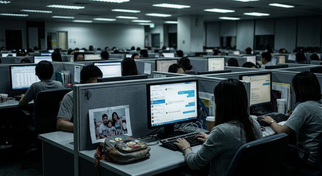 A dimly lit office environment where rows of anonymous contractors sit at computer screens, their faces obscured or turned away, typing on keyboards. On the screens, chat interfaces glow with conversation bubbles. The atmosphere is corporate yet unsettling — fluorescent lighting, cubicle partitions, spreadsheets visible on monitors alongside chat windows. In the foreground, a symbolic detail: a child's drawing or a small backpack placed incongruously on a desk, suggesting the false identity being constructed. The overall mood is cold, bureaucratic, and ethically ambiguous. Cinematic editorial photography style, desaturated color palette with harsh artificial lighting, shallow depth of field, documentary realism.