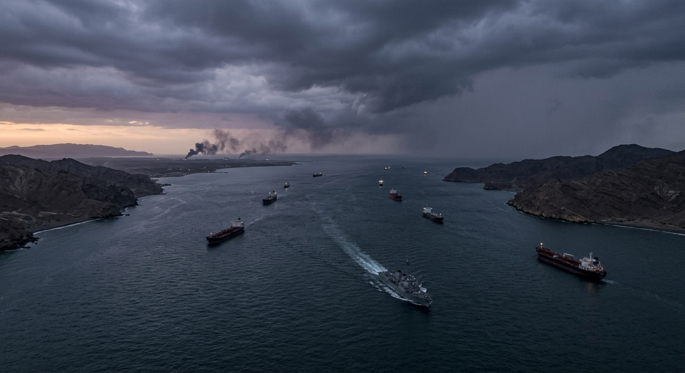 A dramatic aerial view of the Strait of Hormuz at dusk, with dark storm clouds gathering over the narrow strategic waterway between the rocky coastlines of Iran and Oman. Several oil tankers are partially visible in the murky, tense waters below, some with no visible lights. A U.S. naval warship cuts through the strait with its wake illuminated by fading orange light on the horizon. Distant plumes of dark smoke rise from the coastline in the background. The atmosphere is heavy and militarized — tense geopolitical conflict at sea. Dramatic cinematic lighting, desaturated editorial photography style, wide-angle perspective from above.