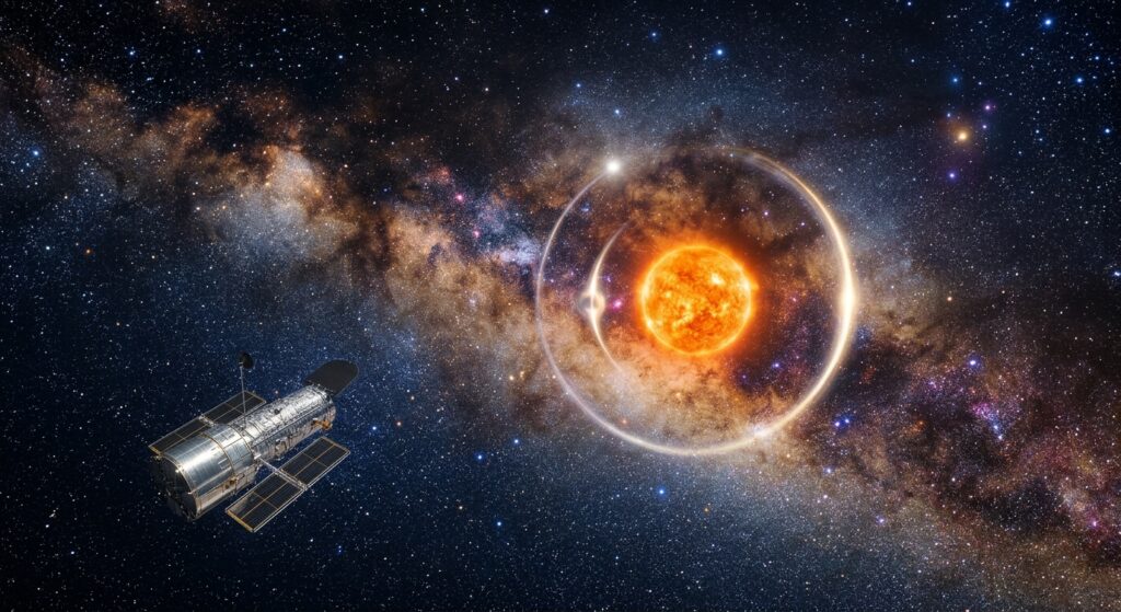 A dramatic and awe-inspiring deep space scene depicting gravitational microlensing in action: a bright orange foreground star bending and amplifying the light of a distant background star, with visible curved light arcs and a subtle secondary luminosity ripple indicating a Jupiter-sized planet orbiting the foreground star. The galactic plane stretches across the background in rich blues, purples, and gold star fields. In the lower corner, a sleek silver space telescope floats silently against the cosmos, its solar panels catching distant starlight. The overall atmosphere is one of scientific discovery and cosmic wonder, rendered in a cinematic, photorealistic style with deep contrast and vivid nebulae textures. No text or labels in the image.