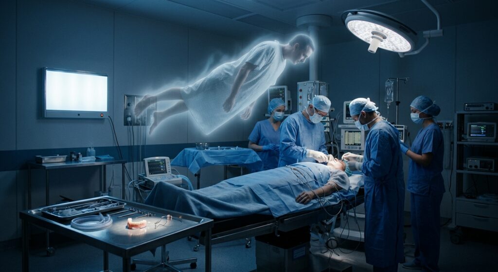 Esperienze pre-morte A dramatic and ethereal medical scene depicting a patient lying unconscious on a hospital operating table surrounded by soft blue and white clinical lighting, while a translucent, ghostly silhouette of the same person floats slightly above, observing the room from above. Medical staff in scrubs work below. The atmosphere blends cold scientific precision with a mysterious, otherworldly glow — a faint luminous aura surrounds the floating figure. On a metal medical tray nearby, a small dental prosthesis rests, subtly highlighted. The overall mood is contemplative and surreal, balancing scientific inquiry with the uncanny. Cinematic lighting, photorealistic style with a slightly ethereal, desaturated blue tone.