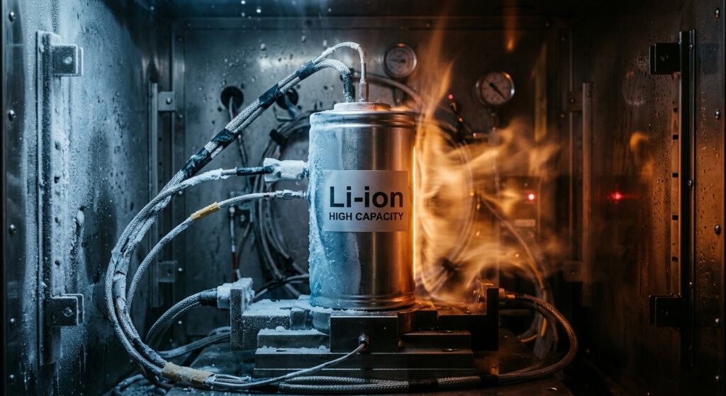 A dramatic, cinematic close-up of a lithium battery cell inside a steel-walled climate testing chamber, surrounded by frost and condensation on one side and glowing heat distortion on the other, representing extreme cold and heat simultaneously. The industrial chamber interior is sleek and technical, with metallic walls, sensor cables, and subtle warning lights. The battery cell is large and precisely engineered, positioned at the center. The atmosphere is tense and scientific, with deep blue cold tones on the left and intense amber-orange heat tones on the right, creating a striking thermal contrast. Dramatic studio lighting, photorealistic, editorial photography style, no text, no labels.