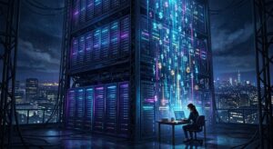 A dramatic, cinematic editorial illustration depicting a massive glowing server rack tower looming over a tiny human figure at a desk, rendered in deep blues and electric purples with sharp neon highlights. The server infrastructure is enormous and imposing, casting a cool artificial light that dwarfs the small, illuminated human worker below. Floating dollar signs and abstract token streams cascade from the servers like falling rain. In the background, a faint cityscape of Silicon Valley at night. The atmosphere is tense and contemplative, evoking the uncanny moment when machine costs eclipse human costs. Photorealistic digital art style with cinematic lighting and a slightly dystopian, corporate-futuristic aesthetic.
