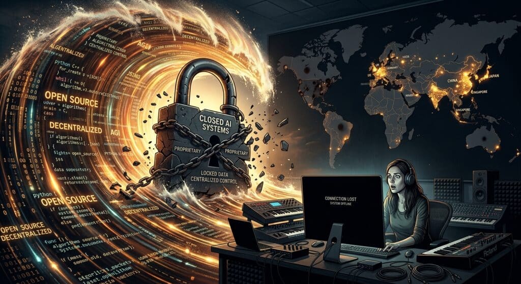 A dramatic digital illustration depicting a massive wave shaped like flowing open-source code and data streams crashing over a fragmented, locked padlock structure representing closed AI systems. In the foreground, a lone figure at a music production workstation stares at a dark, blank screen — the AI interface suddenly gone offline. The background shows a geopolitical map silhouette with glowing nodes representing global AI model networks, some dimming out while others — particularly in Asia and Europe — flare brightly. The color palette contrasts cold institutional blues and grays for the locked systems against warm amber and gold tones for the open-source wave. The atmosphere is tense yet dynamic, evoking a turning point moment in technology history. Cinematic editorial style, high detail, moody lighting.
