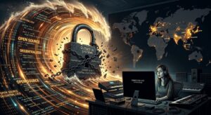 A dramatic digital illustration depicting a massive wave shaped like flowing open-source code and data streams crashing over a fragmented, locked padlock structure representing closed AI systems. In the foreground, a lone figure at a music production workstation stares at a dark, blank screen — the AI interface suddenly gone offline. The background shows a geopolitical map silhouette with glowing nodes representing global AI model networks, some dimming out while others — particularly in Asia and Europe — flare brightly. The color palette contrasts cold institutional blues and grays for the locked systems against warm amber and gold tones for the open-source wave. The atmosphere is tense yet dynamic, evoking a turning point moment in technology history. Cinematic editorial style, high detail, moody lighting.