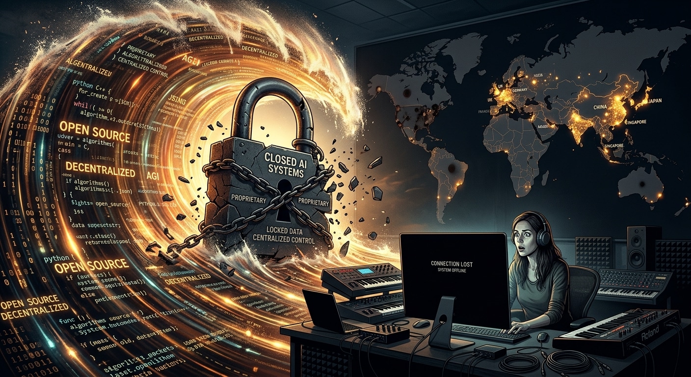 A dramatic digital illustration depicting a massive wave shaped like flowing open-source code and data streams crashing over a fragmented, locked padlock structure representing closed AI systems. In the foreground, a lone figure at a music production workstation stares at a dark, blank screen — the AI interface suddenly gone offline. The background shows a geopolitical map silhouette with glowing nodes representing global AI model networks, some dimming out while others — particularly in Asia and Europe — flare brightly. The color palette contrasts cold institutional blues and grays for the locked systems against warm amber and gold tones for the open-source wave. The atmosphere is tense yet dynamic, evoking a turning point moment in technology history. Cinematic editorial style, high detail, moody lighting.