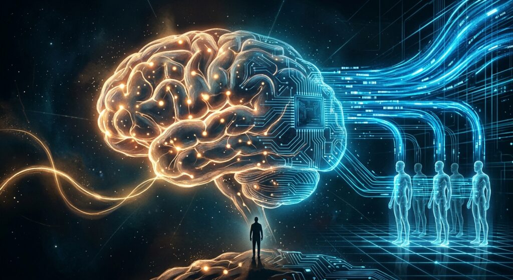 A dramatic editorial-style digital illustration depicting a luminous neural network shaped like a human brain floating in a dark void, its glowing nodes and synaptic connections gradually transforming on one side into silicon chip circuitry and data streams. On the left, a slow trickle of golden light represents the fragile flow of human thought and communication; on the right, cascading rivers of bright data pulse at extraordinary speed between multiple identical transparent figures standing in parallel, all sharing information simultaneously. In the center foreground, a small human silhouette stands at the threshold between the organic and digital realms, dwarfed by the vast scale of both systems. The color palette blends warm amber and deep blue, with sharp geometric lines contrasting soft biological curves. The mood is contemplative and slightly ominous, evoking questions of consciousness, power, and control. Cinematic lighting, high detail, futuristic realism.