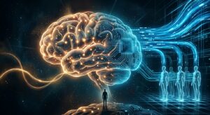A dramatic editorial-style digital illustration depicting a luminous neural network shaped like a human brain floating in a dark void, its glowing nodes and synaptic connections gradually transforming on one side into silicon chip circuitry and data streams. On the left, a slow trickle of golden light represents the fragile flow of human thought and communication; on the right, cascading rivers of bright data pulse at extraordinary speed between multiple identical transparent figures standing in parallel, all sharing information simultaneously. In the center foreground, a small human silhouette stands at the threshold between the organic and digital realms, dwarfed by the vast scale of both systems. The color palette blends warm amber and deep blue, with sharp geometric lines contrasting soft biological curves. The mood is contemplative and slightly ominous, evoking questions of consciousness, power, and control. Cinematic lighting, high detail, futuristic realism.