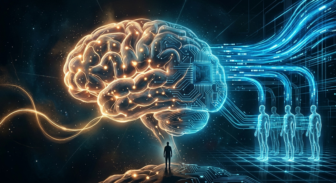 A dramatic editorial-style digital illustration depicting a luminous neural network shaped like a human brain floating in a dark void, its glowing nodes and synaptic connections gradually transforming on one side into silicon chip circuitry and data streams. On the left, a slow trickle of golden light represents the fragile flow of human thought and communication; on the right, cascading rivers of bright data pulse at extraordinary speed between multiple identical transparent figures standing in parallel, all sharing information simultaneously. In the center foreground, a small human silhouette stands at the threshold between the organic and digital realms, dwarfed by the vast scale of both systems. The color palette blends warm amber and deep blue, with sharp geometric lines contrasting soft biological curves. The mood is contemplative and slightly ominous, evoking questions of consciousness, power, and control. Cinematic lighting, high detail, futuristic realism.