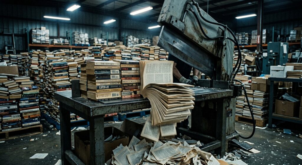 A dramatic editorial-style photograph of a large industrial warehouse filled floor-to-ceiling with stacked used books on wooden pallets, bathed in cold artificial lighting. In the foreground, a hydraulic guillotine cutter slices cleanly through a thick stack of aged paperback books, pages fanning out as they fall. Scattered ISBN barcodes are visible on book spines. The atmosphere is dystopian and clinical — the quiet destruction of something irreplaceable. Dust motes float in the harsh fluorescent light. The color palette is desaturated, steel-gray and amber, with a faint blue digital glow reflecting off the book covers, suggesting the tension between analog paper culture and the cold appetite of technology. Photorealistic, high contrast, cinematic composition.