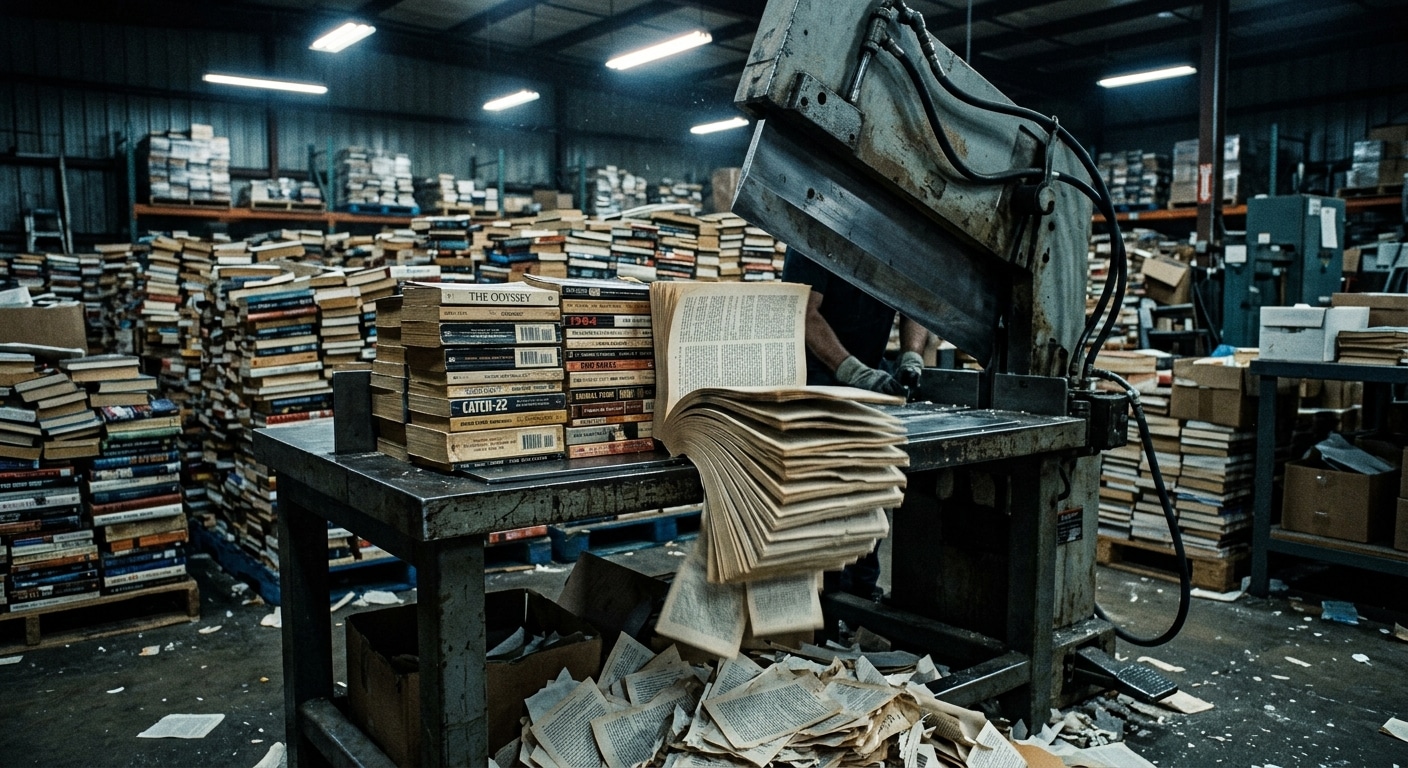 A dramatic editorial-style photograph of a large industrial warehouse filled floor-to-ceiling with stacked used books on wooden pallets, bathed in cold artificial lighting. In the foreground, a hydraulic guillotine cutter slices cleanly through a thick stack of aged paperback books, pages fanning out as they fall. Scattered ISBN barcodes are visible on book spines. The atmosphere is dystopian and clinical — the quiet destruction of something irreplaceable. Dust motes float in the harsh fluorescent light. The color palette is desaturated, steel-gray and amber, with a faint blue digital glow reflecting off the book covers, suggesting the tension between analog paper culture and the cold appetite of technology. Photorealistic, high contrast, cinematic composition.