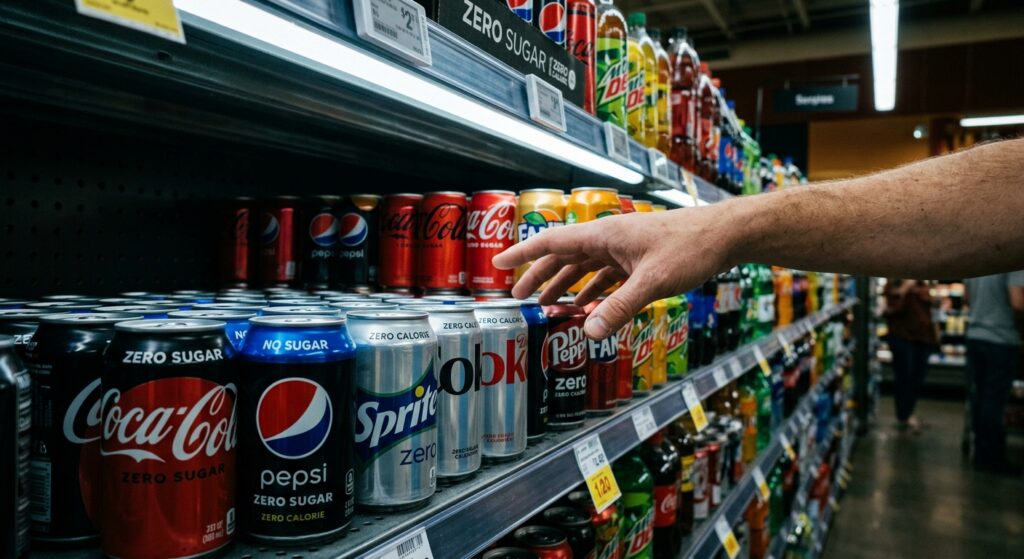 A dramatic, editorial-style photograph of a supermarket beverage aisle shot at eye level, with rows of colorful zero-sugar drink cans prominently displayed in the foreground, gleaming under bright fluorescent lighting. The cans feature bold "zero" and "no sugar" branding. Behind them, slightly out of focus, sit the traditional sugary versions. A single human hand reaches toward the shelf, hesitating between the two options. The mood is cinematic and slightly unsettling, with cool blue and silver tones dominating the zero-sugar section contrasted against warmer reds and golds of the classic drinks. The composition suggests a moment of decision and hidden complexity beneath a surface of clean, healthy-looking packaging. Photorealistic, high contrast, shallow depth of field.
