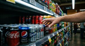 A dramatic, editorial-style photograph of a supermarket beverage aisle shot at eye level, with rows of colorful zero-sugar drink cans prominently displayed in the foreground, gleaming under bright fluorescent lighting. The cans feature bold "zero" and "no sugar" branding. Behind them, slightly out of focus, sit the traditional sugary versions. A single human hand reaches toward the shelf, hesitating between the two options. The mood is cinematic and slightly unsettling, with cool blue and silver tones dominating the zero-sugar section contrasted against warmer reds and golds of the classic drinks. The composition suggests a moment of decision and hidden complexity beneath a surface of clean, healthy-looking packaging. Photorealistic, high contrast, shallow depth of field.